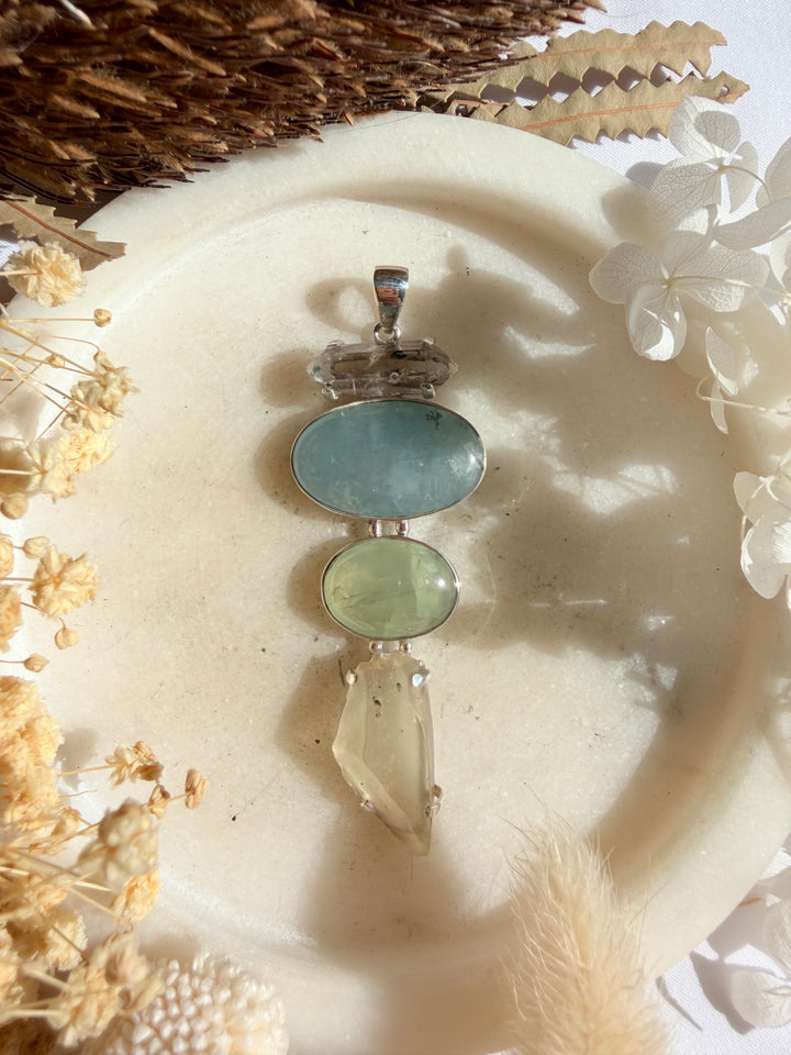 Libyan Desert Glass, Prehnite, Aquamarine & Herkimer Diamond Silver Pendant