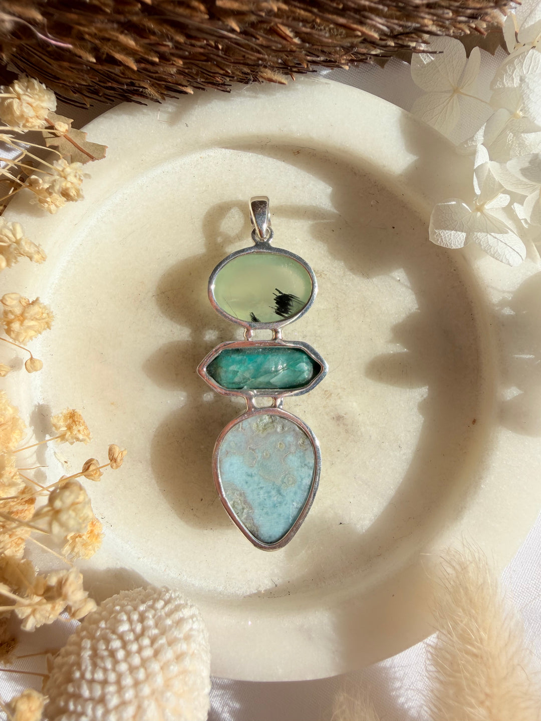 Larimar, Amazonite & Prehnite Silver Pendant