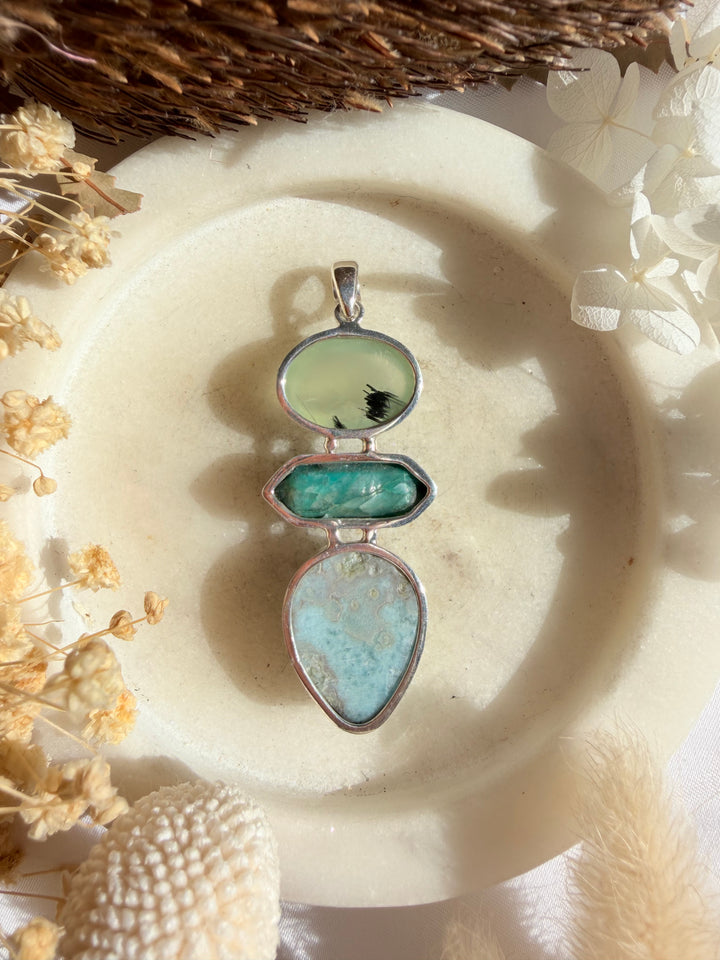 Larimar, Amazonite & Prehnite Silver Pendant
