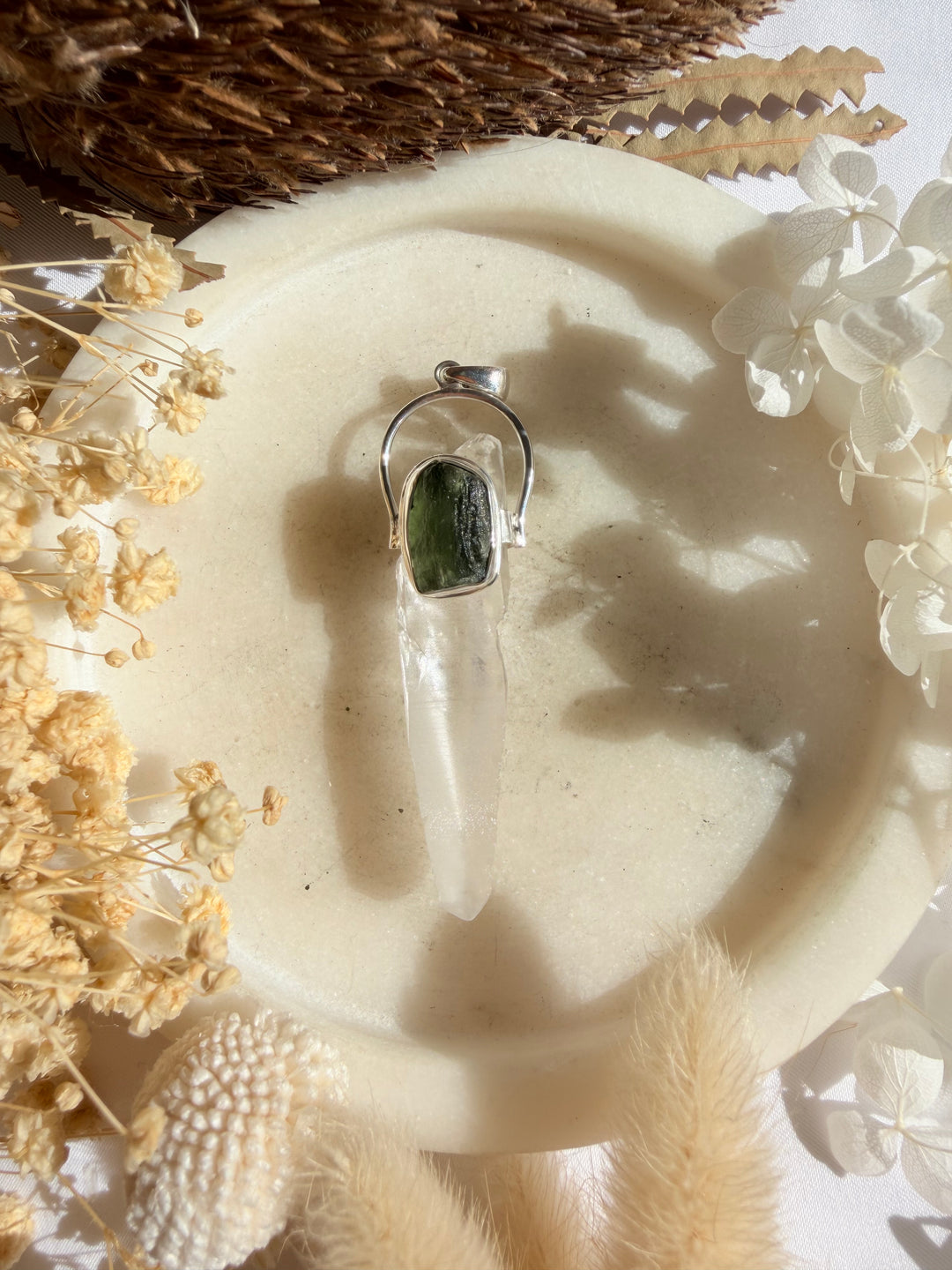 Moldavite & Lemurian Silver Pendant - The Light Keepers Wand