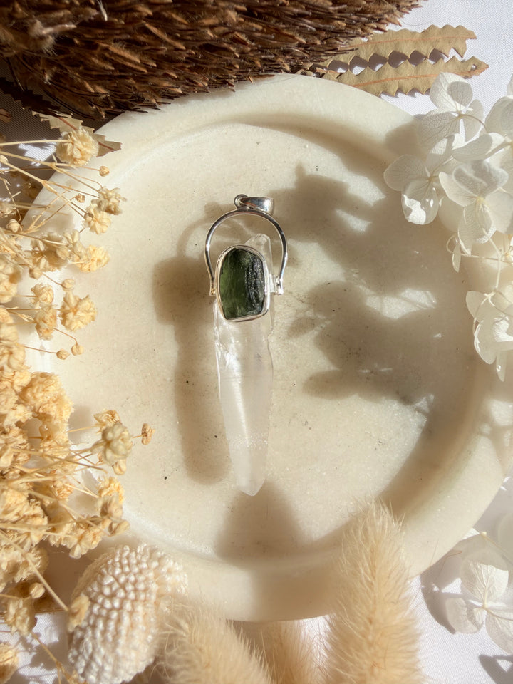 Moldavite & Lemurian Silver Pendant - The Light Keepers Wand
