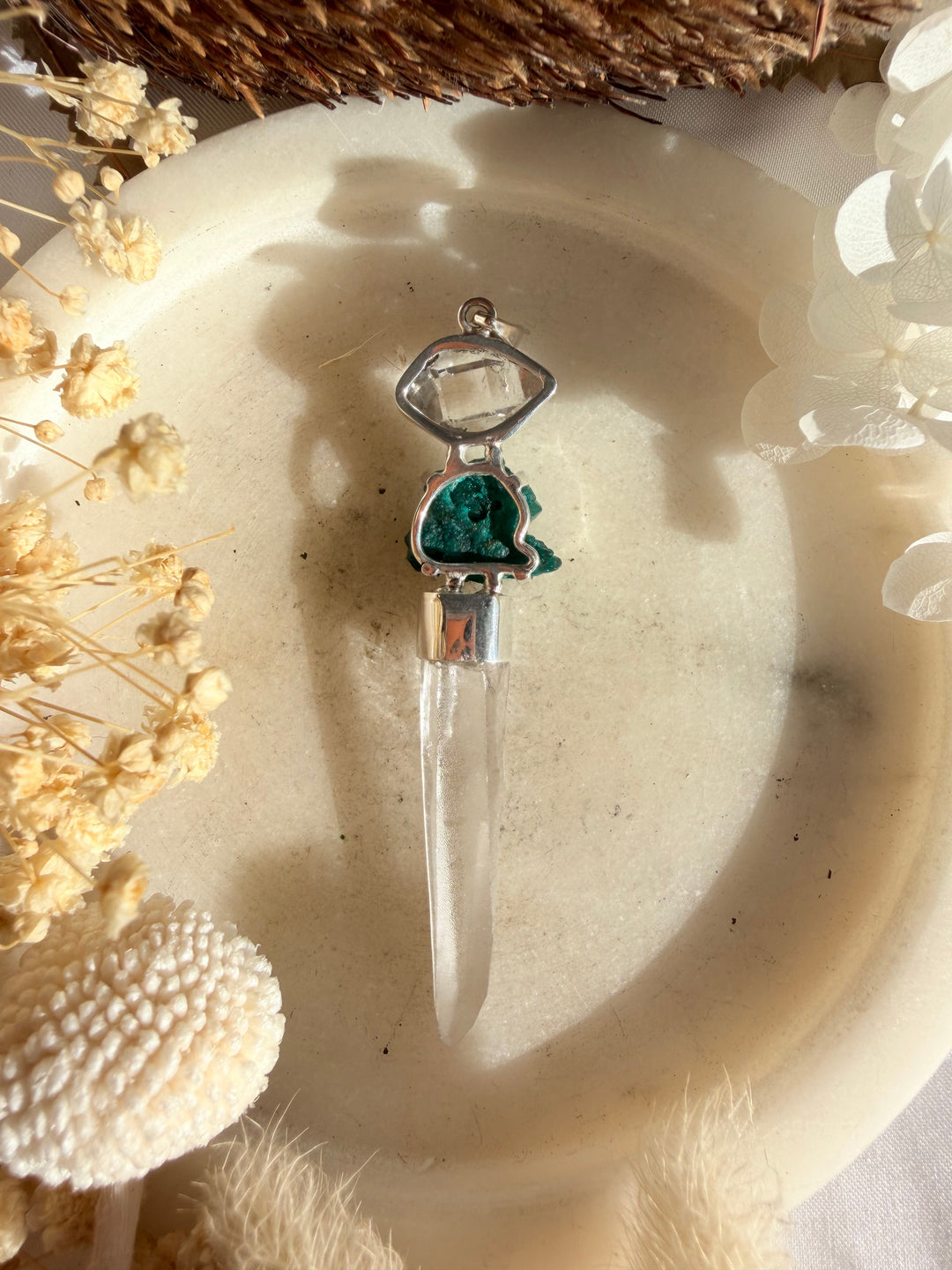 Lemurian, Dioptase & Herkimer Diamond Silver Pendant