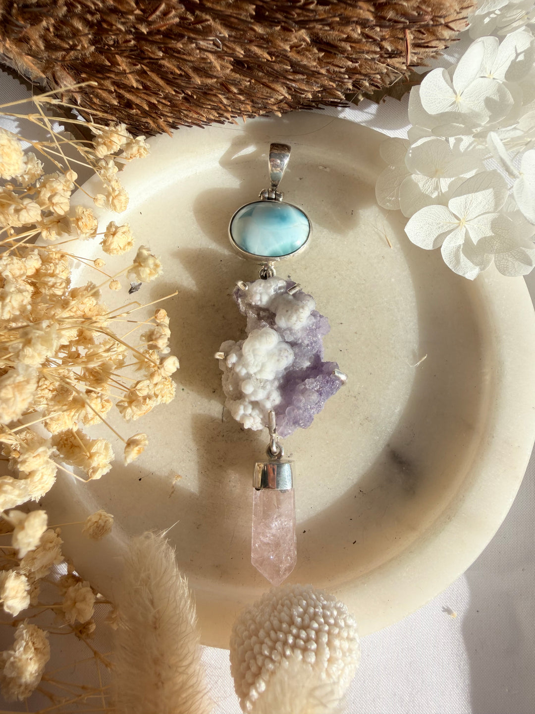 Kunzite, Spirit Flower Geode & Larimar Silver Pendant