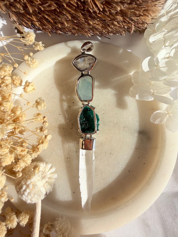 Lemurian, Dioptase, Aquamarine & Herkimer Diamond Silver Pendant