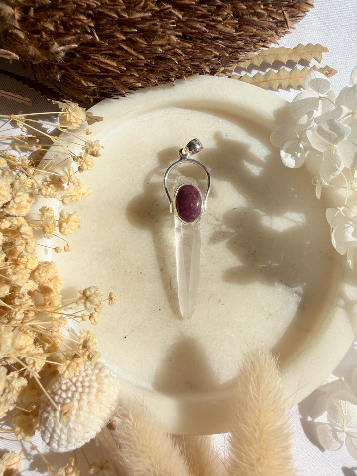 Lemurian Quartz with Ruby Silver Pendant - The Light Keepers Wand