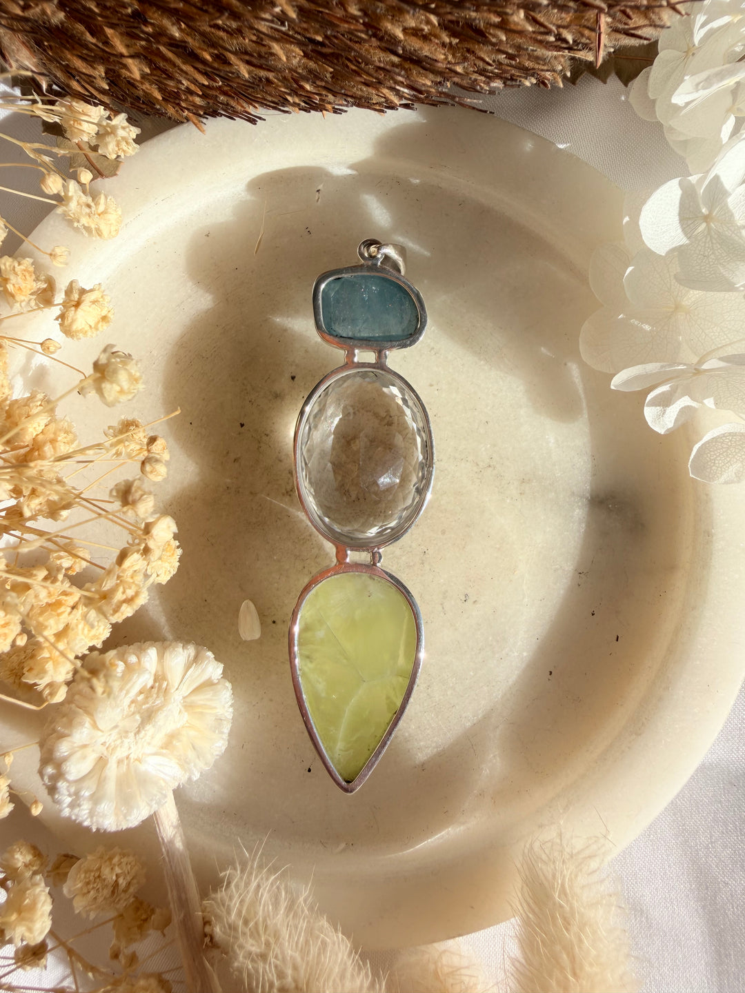Aquamarine, Prehnite & Clear Quartz Wand Silver Pendant