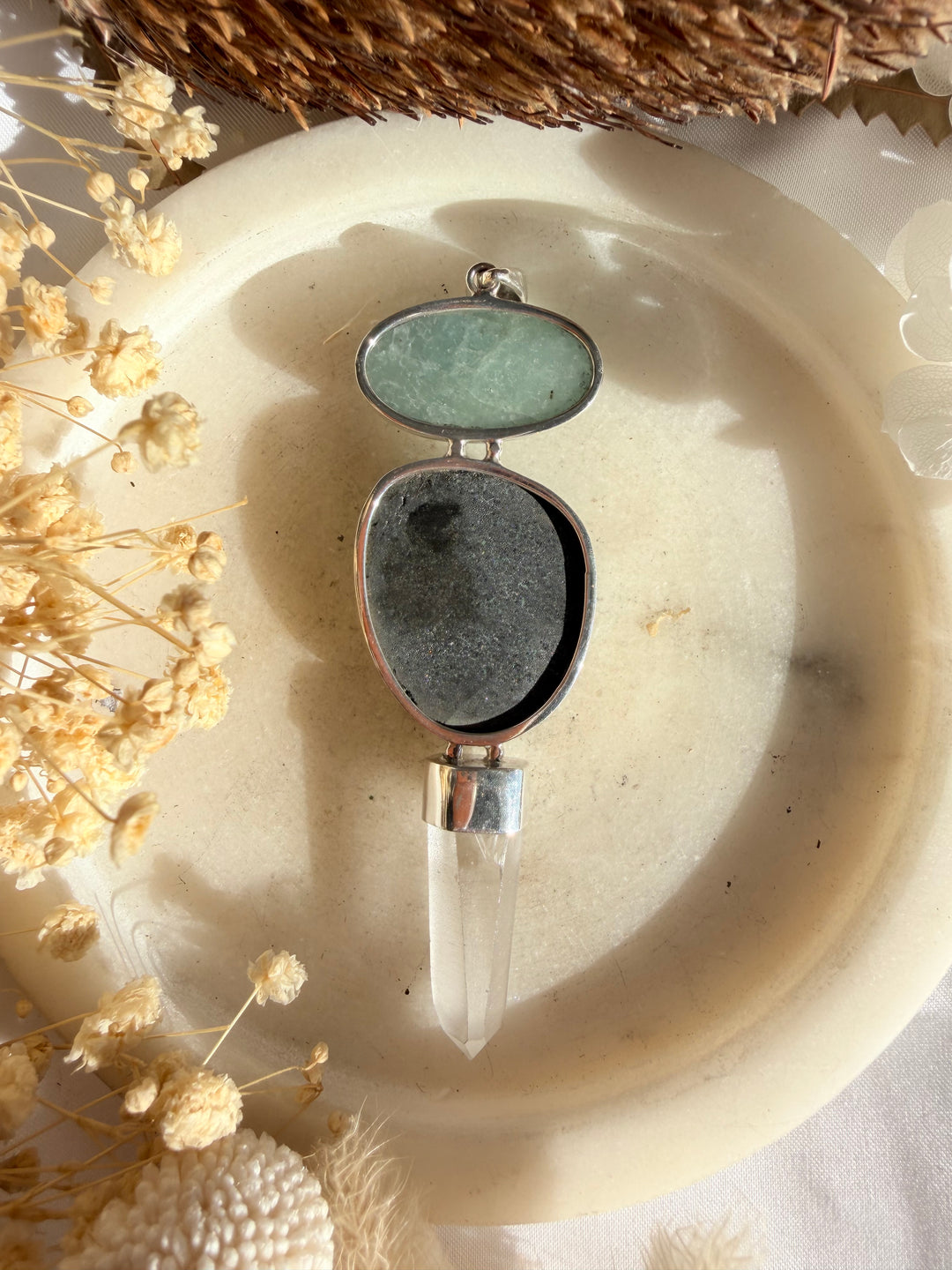 Lemurian, Uvarovite & Aquamarine Silver Pendant