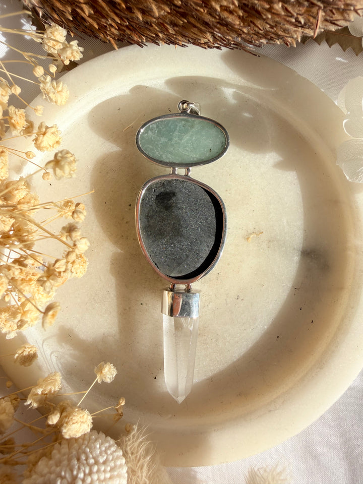 Lemurian, Uvarovite & Aquamarine Silver Pendant