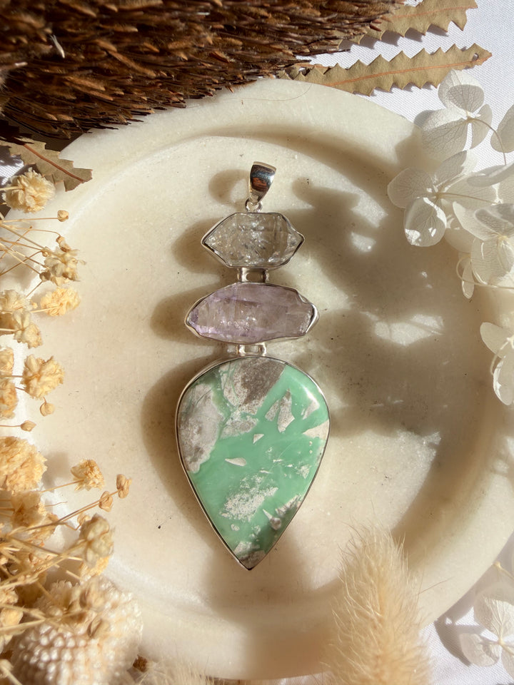 Variscite, Vera Cruz Amethyst & Herkimer Diamond Silver Pendant