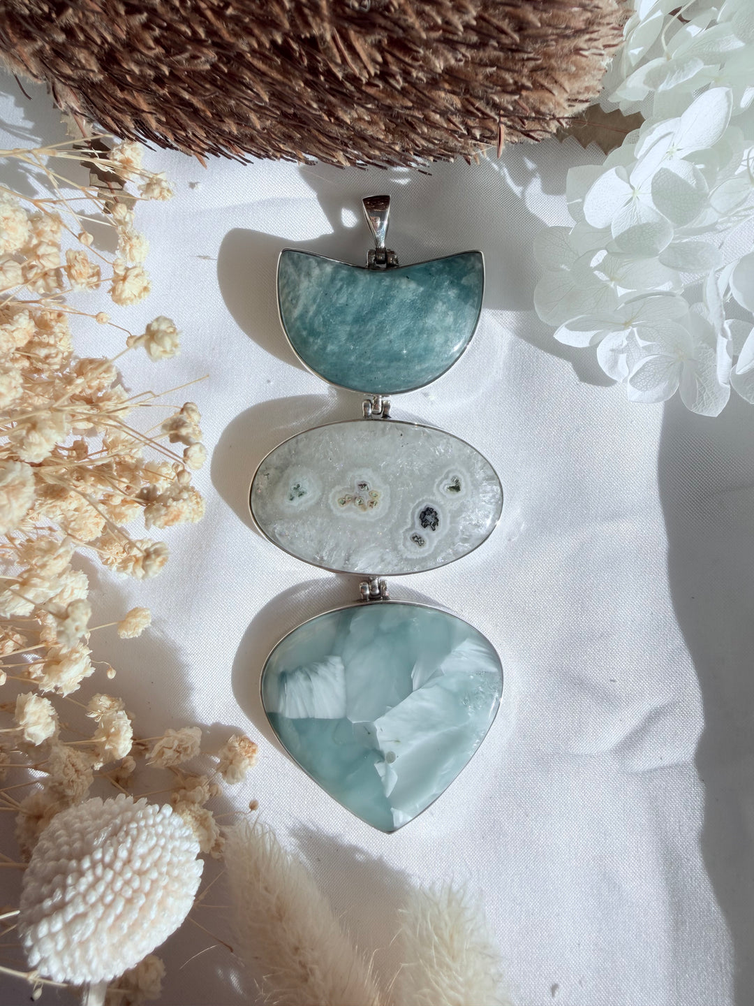 Hemimorphite, White Amethyst & Amazonite Silver Pendant