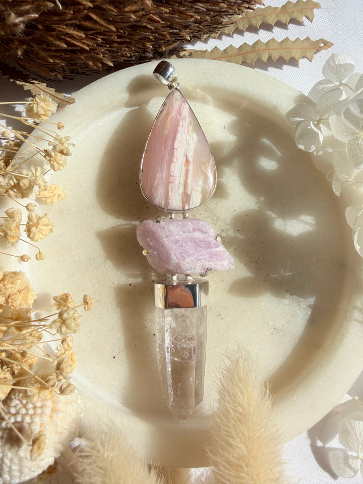 Pink Opal, Kunzite & Lemurian Vera Cruz Amethyst Silver Pendant