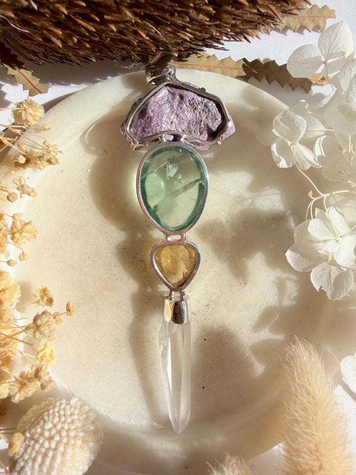 Stitchite, Green Fluorite, Citrine & Lemurian Quartz Silver Pendant
