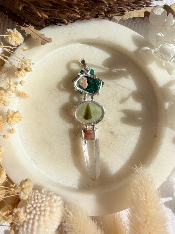 Dioptase, Prehnite & Lemurian Silver Pendant