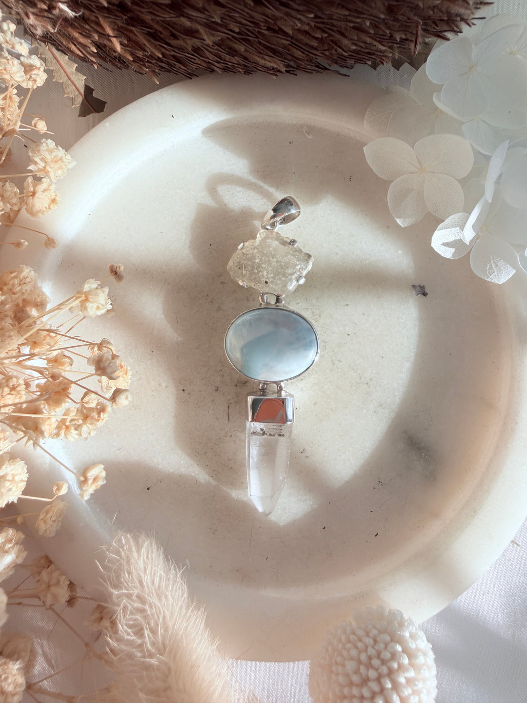Lemurian, Larimar & Libyan Desert Glass Silver Pendant