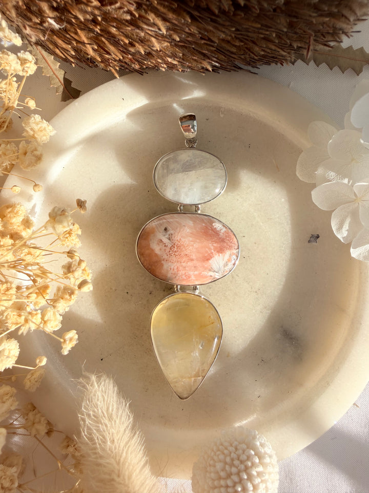 Golden Healer, Orange Scolescite & Rainbow Moonstone Silver Pendant