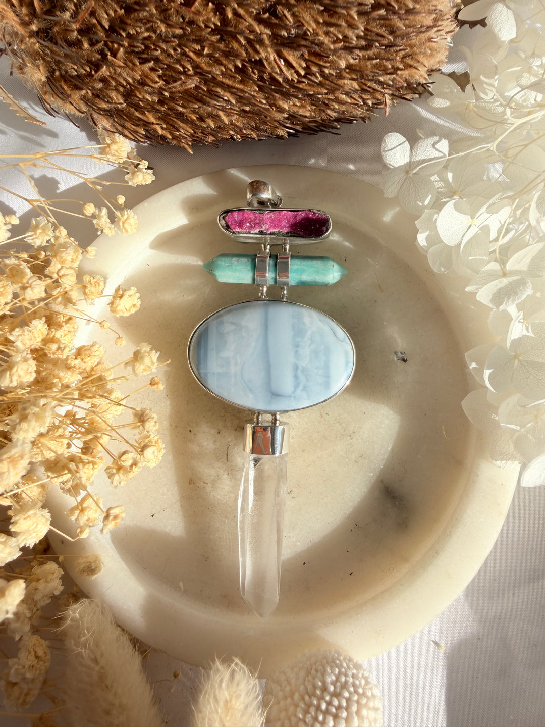 Lemurian, Blue Opal, Amazonite & Cobalto Calcite Silver Pendant