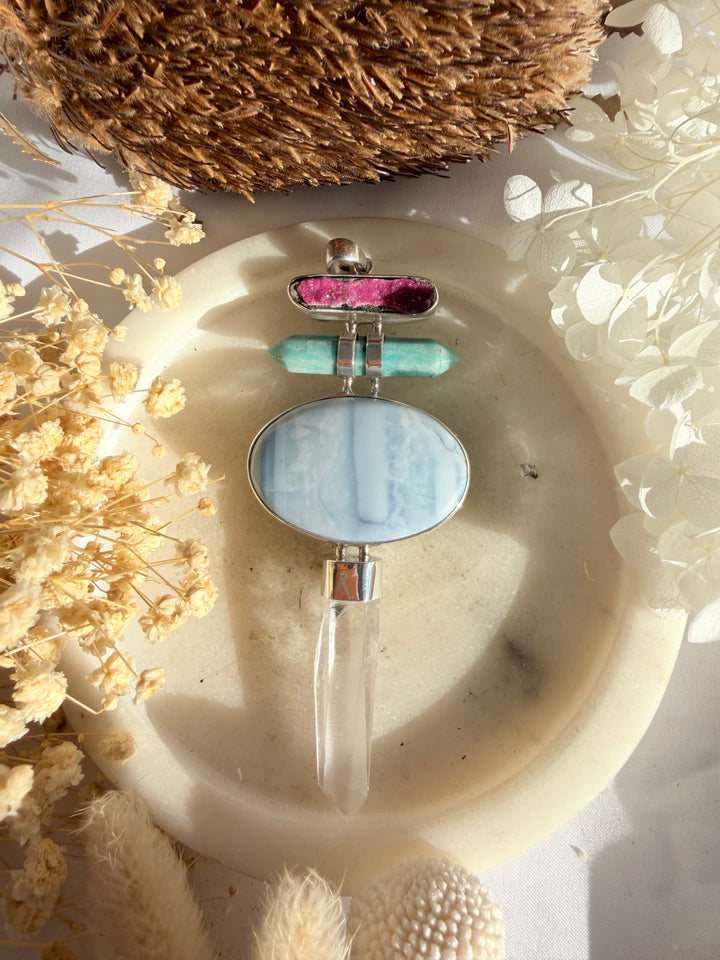 Lemurian, Blue Opal, Amazonite & Cobalto Calcite Silver Pendant