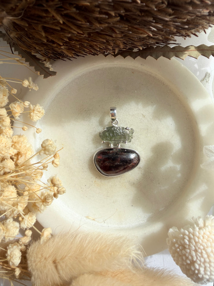 Garnet & Moldavite Silver Pendant