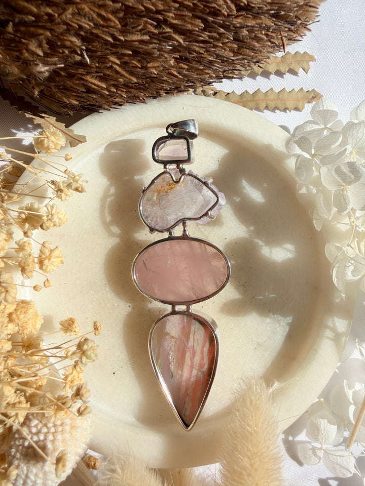 Pink Opal, Rose Quartz, Spirit Quartz & Vera Cruz Amethyst Silver Pendant