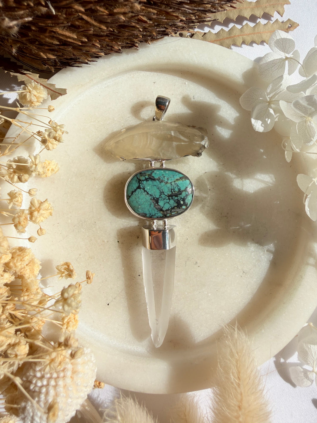 Lemurian Laser, Turquoise & Libyan Desert Glass Silver Pendant