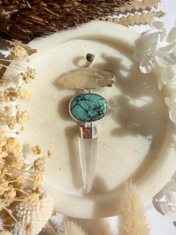 Lemurian Laser, Turquoise & Libyan Desert Glass Silver Pendant