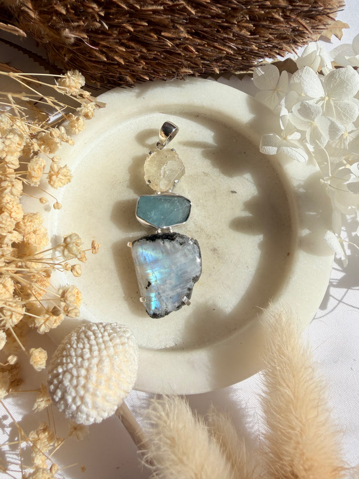 Libyan Desert Glass, Aquamarine & Rainbow Moonstone Silver Pendant