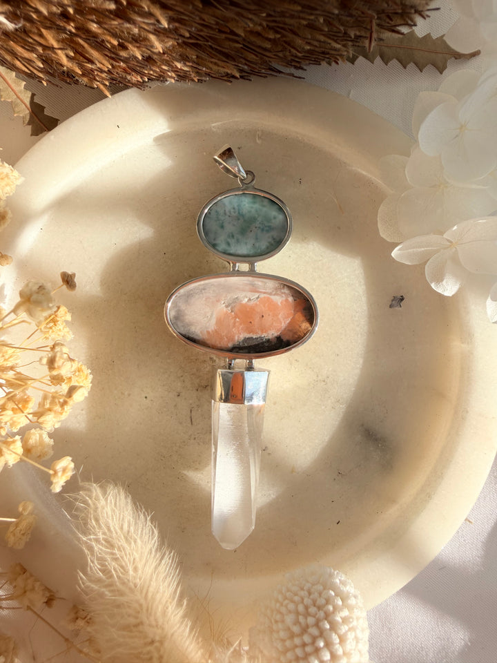 Lemurian, Orange Scolescite & Larimar Silver Pendant