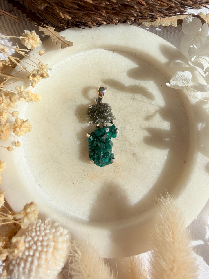 Moldavite & Dioptase Silver Pendant