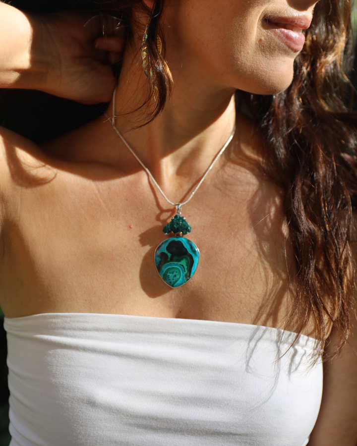 Dioptase, Chyrsocolla & Malachite Silver Pendant