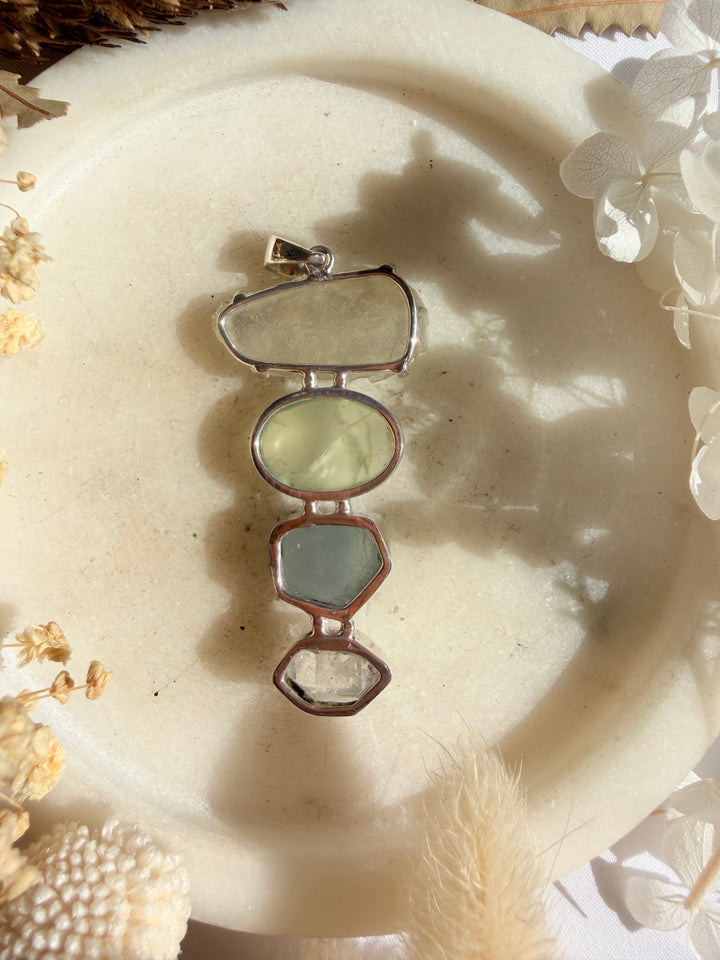 Libyan Desert Glass, Prehnite, Aquamarine & Herkimer Diamond Silver Pendant