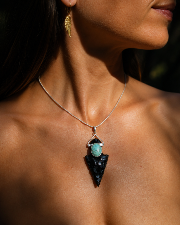 Black Obsidian Arrowhead & Turquoise Silver Protector Pendant
