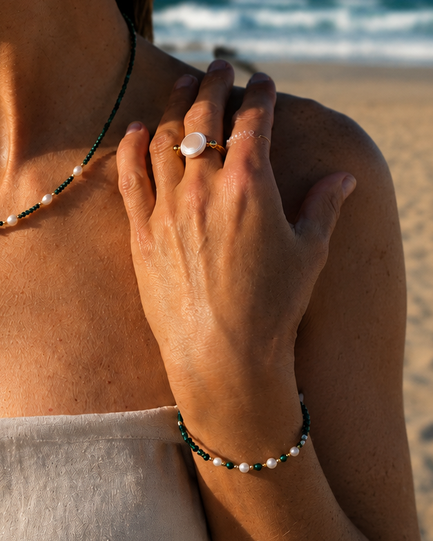 Malachite Faceted 3mm Pearl Bracelet - (Adjustable Chain)