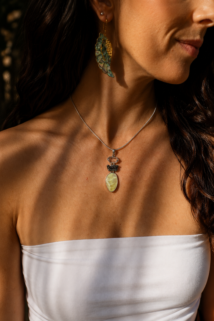 Prehnite, Moldavite & Herkimer Diamond Silver Pendant