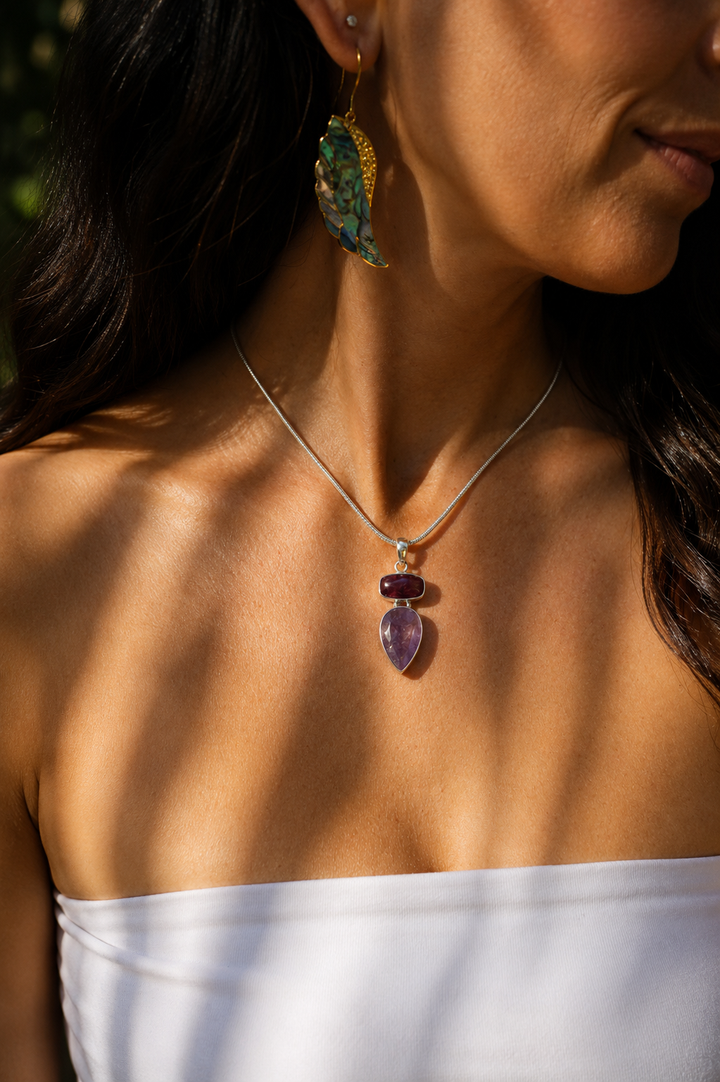 Pink Tourmaline & Super 7 Silver Pendant