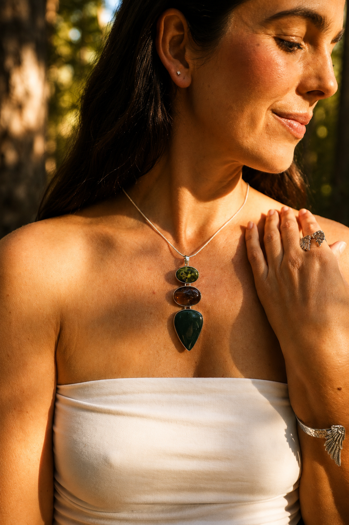 Jade, Smoky Quartz & Atlantisite Silver Pendant