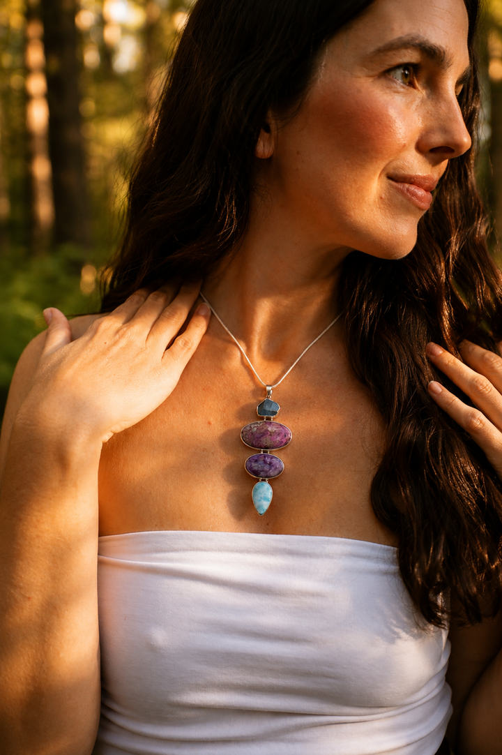 Larimar, Charoite, Cobalto Calcite & Aquamarine Silver Pendant
