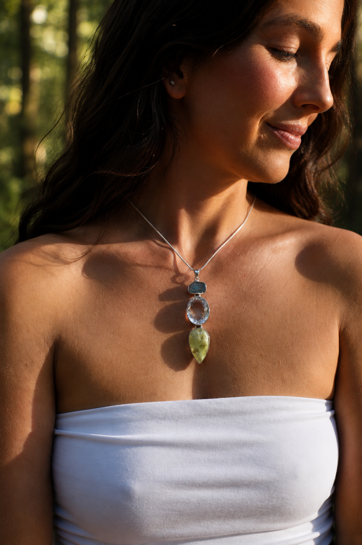 Aquamarine, Prehnite & Clear Quartz Wand Silver Pendant