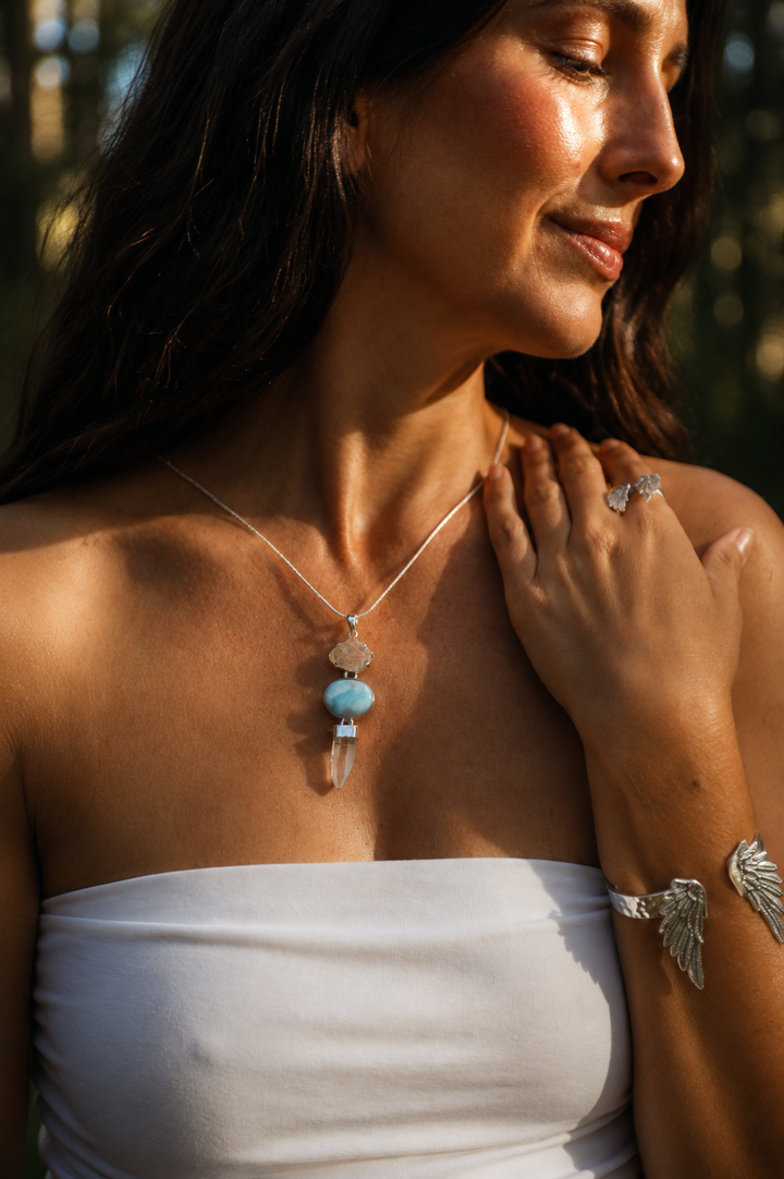 Lemurian, Larimar & Libyan Desert Glass Silver Pendant