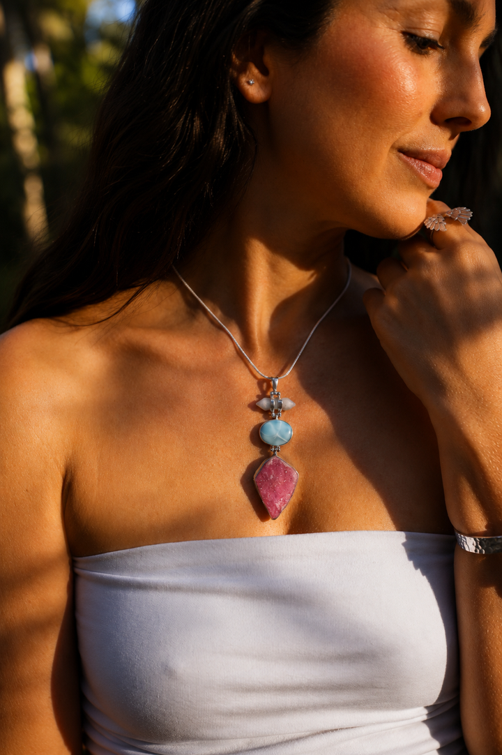 Larimar, Cobalto Calcite & Aquamarine Silver Pendant
