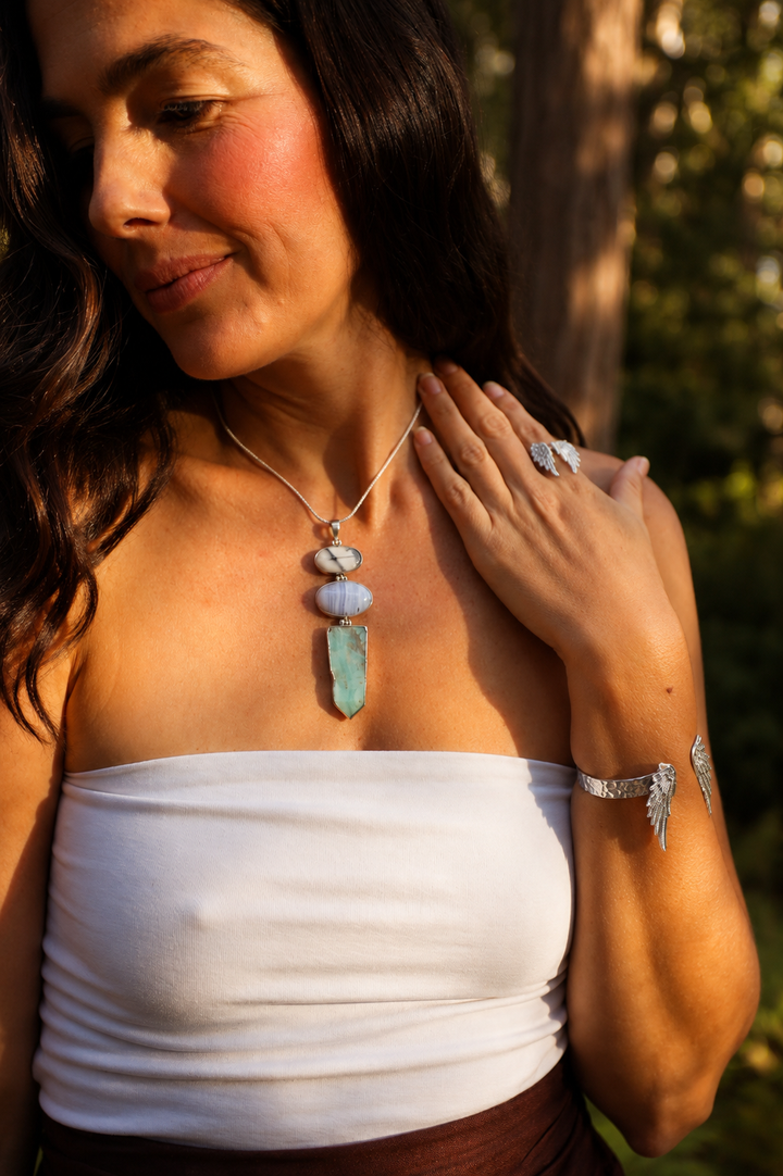 Blue Aragonite, Blue Lace Agate & Merlinite Silver Pendant