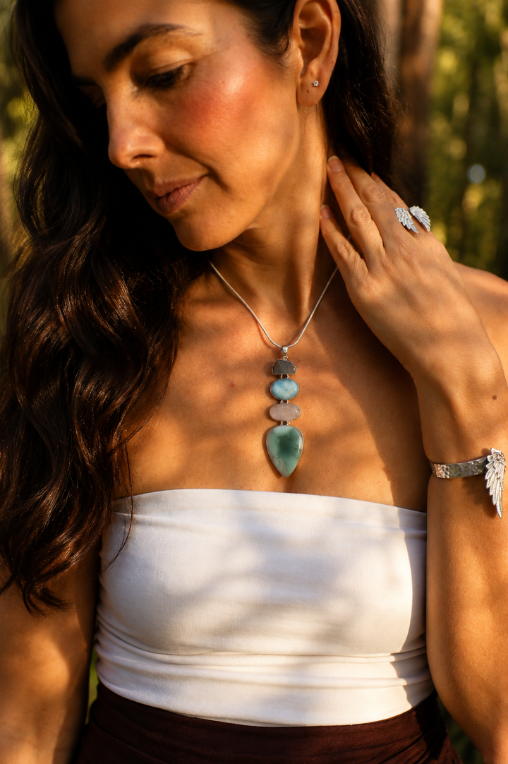 Hemimorphite, Rainbow Moonstone, Larimar & Aquamarine Silver Pendant