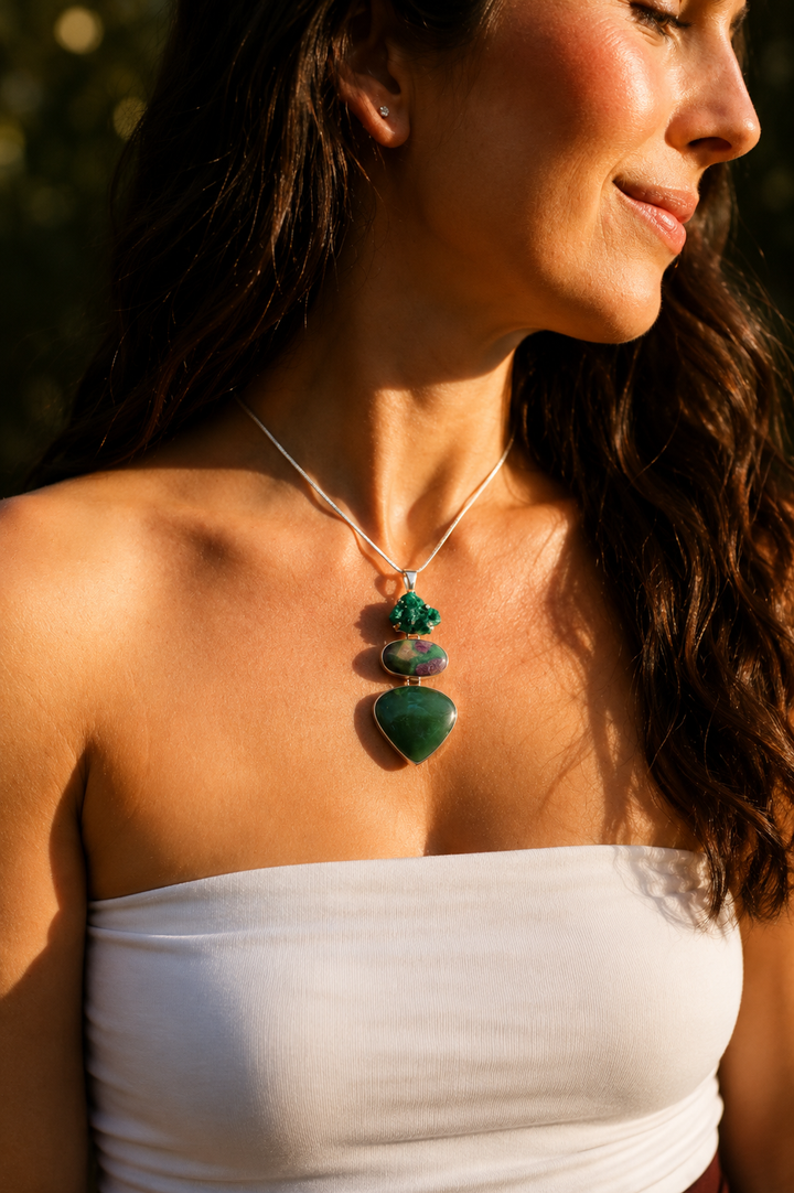 Jade, Ruby Fuchsite & Dioptase Silver Pendant