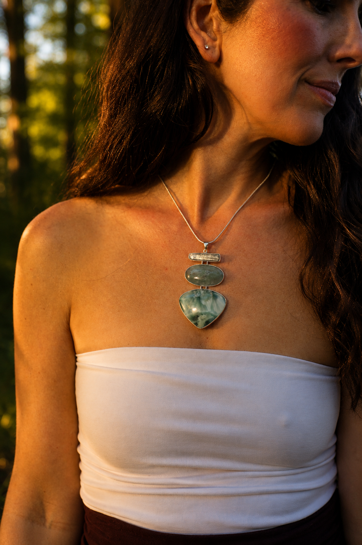 Hemimorphite, Aquamarine & Green Kyanite Silver Pendant