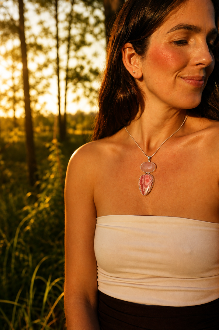 Rhodocrosite & Rose Quartz Silver Pendant