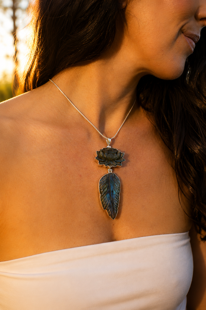 Labradorite Lotus Feather Silver Pendant