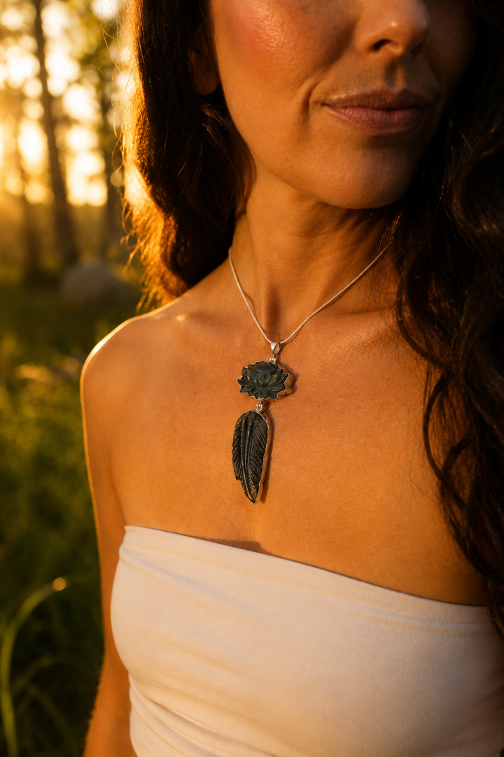 Labradorite Lotus Feather Silver Pendant