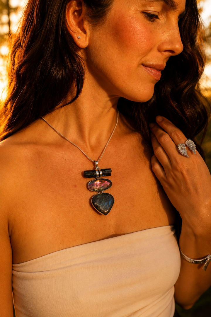 Labradorite, Pink Labradorite & Aegirine Silver Pendant