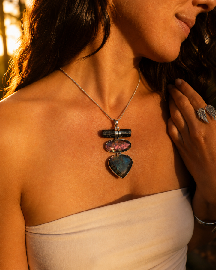 Labradorite, Pink Labradorite & Aegirine Silver Pendant