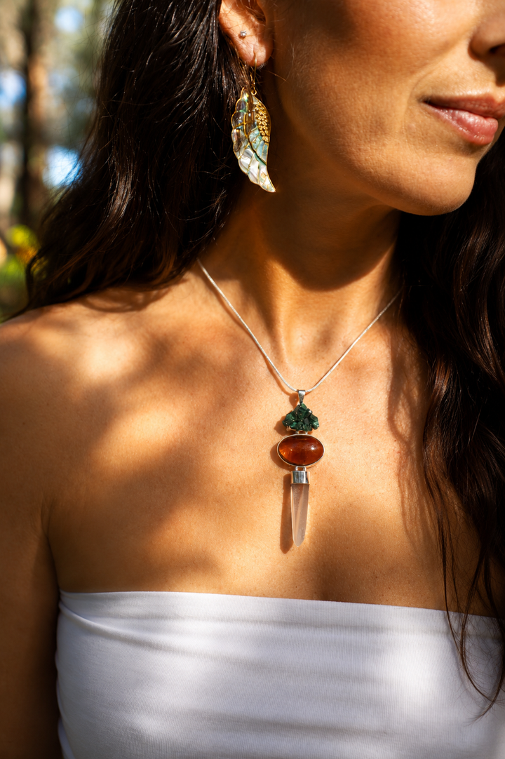 Dioptase, Smoky Quartz & Lemurian Silver Pendant