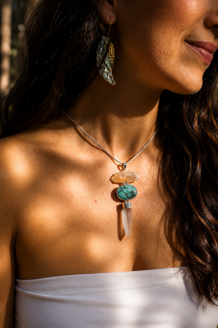 Lemurian Laser, Turquoise & Libyan Desert Glass Silver Pendant